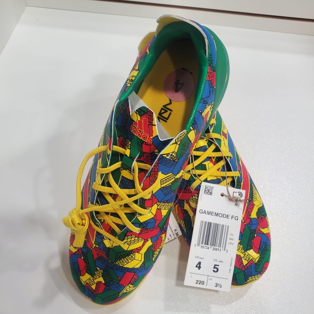Lego x Adidas cleats red blue and green